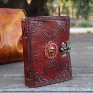 Embossed brown triple moon goddess leather journal | 5 stone options | medieval goddess leather journal | 220 pages | grimoire gift