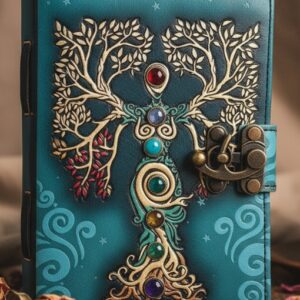 Blank Spell Book of Shadows Journal with Lock Clasp Vintage Handmade Leather Seven stone Diary Embossed Prayer Pagan Witchcraft 7x5"